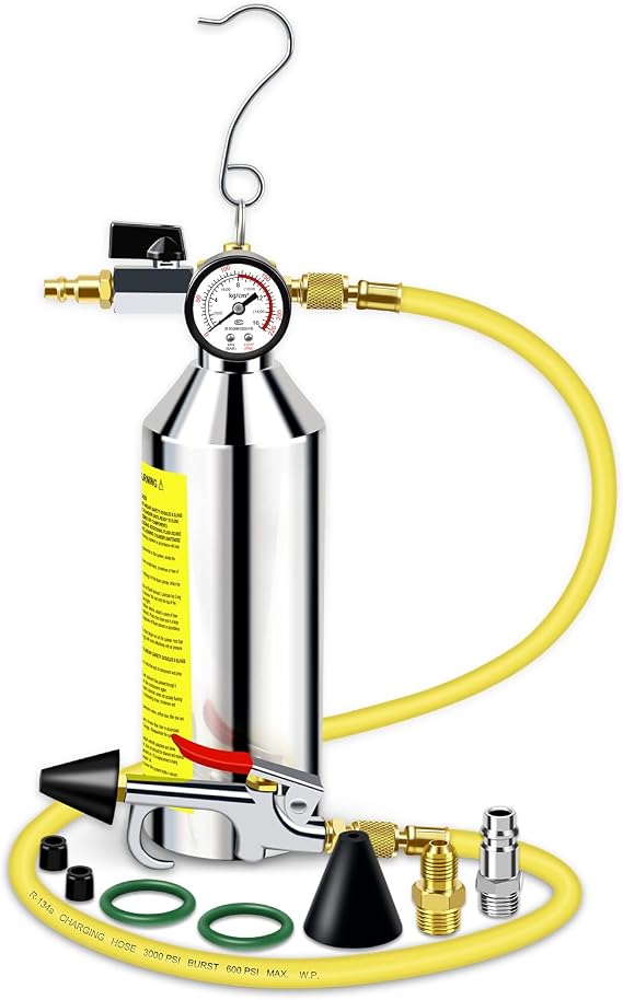 AC Flush Kit, Automotive Air Conditioner System Clean Canister Flushing Gun Tool Set for Cleaning Auto R134A R404A R410A HVAC Hose Condenser Evaporator, with 220PSI Gauge Air Plug Fittings