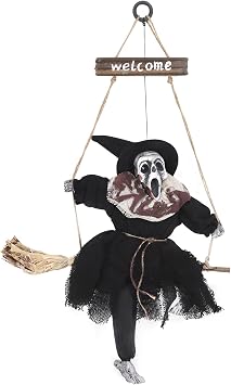 Ghost on Broom Halloween Hanging Doll Creepy Scream and Glowing Eyes Skull Ghost with Welcome Plaque Creepy Skull Halloween Decoration Props for Front Door Haunted House Bar Restaurant Decor