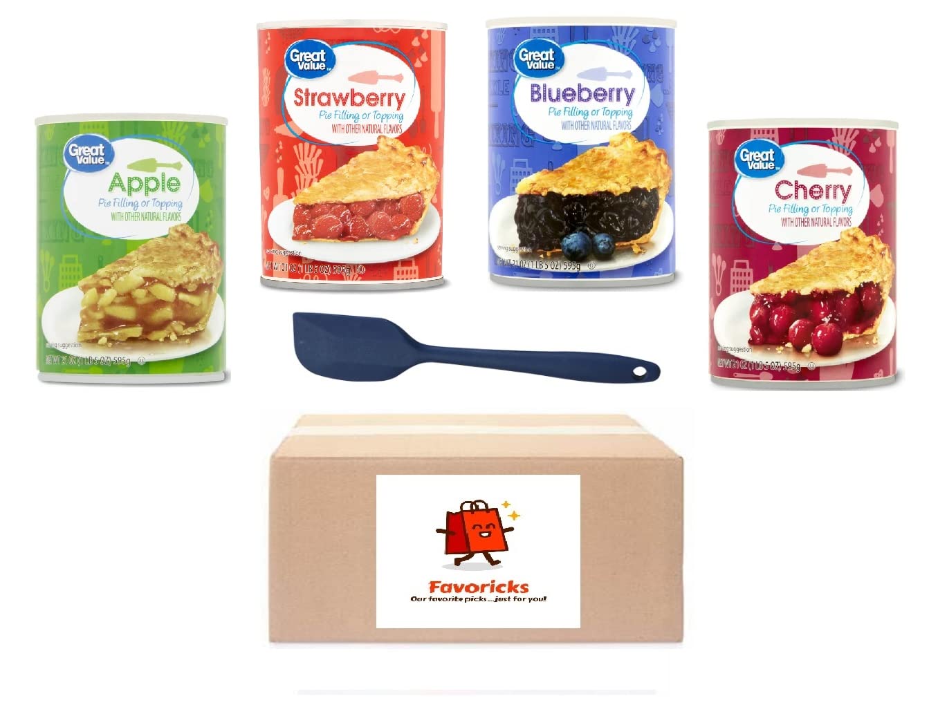 Canned Fruit Pie Filling and Topping Flavor Variety Includes Blueberry, Cherry, Apple and Strawberry Plus Mini Spatula Packaged by Favoricks