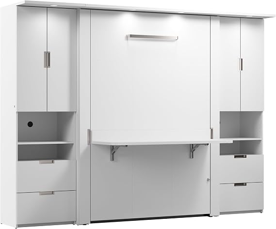 Bestar Full Murphy Bed with Storage Cabinet, White, Lumina, 107W | 2 Storage Cabinets; dual piston mechanism; for guest room or home office;