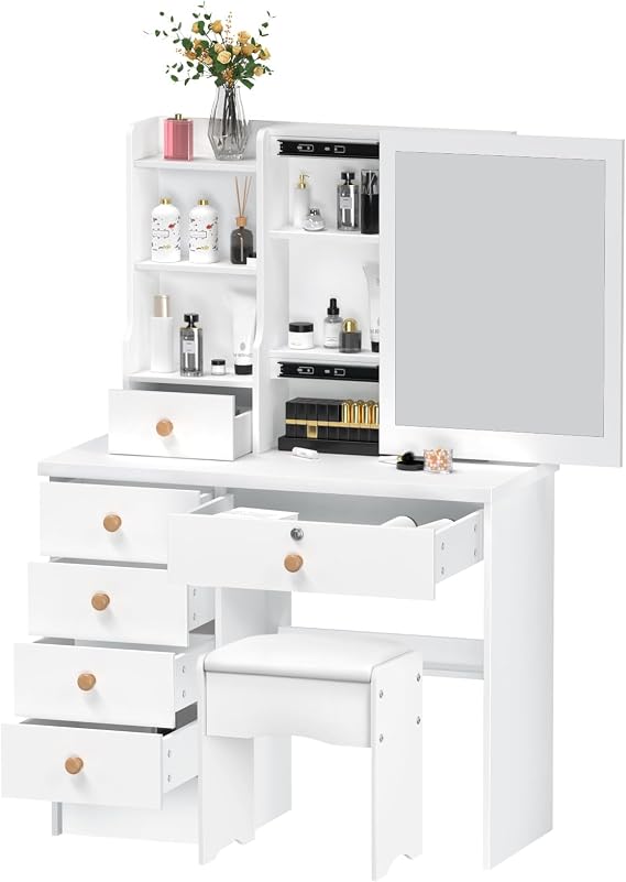 White Dressing Table with Mirror, 6 Spacious Drawers, Sliding Rail Design, Large Storage, Makeup Table with Lockable Drawers, Modern Design for Bedroom White