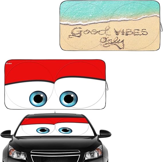 Gven Windshield Shade, 2024 Car Sun Shade for Front Windshield Funny Car Eyes Sunshades Sun Visor Protector Blocks UV Rays Foldable 210T Keep Your Vehicle Cool (Eyes-red, S + GoodVibes, S)