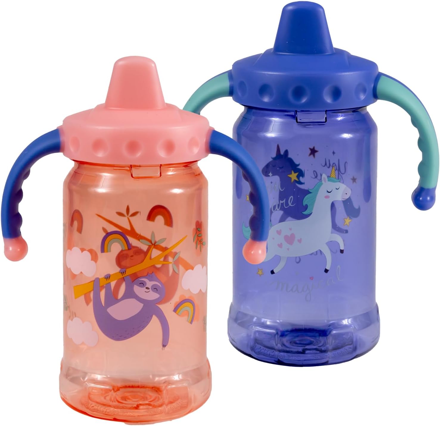 COOL GEAR 2-Pack 12 oz Gripper Sipper Cups For Kids & Toddlers - Dishwasher Safe, Spillproof, Leakproof Waterbottle With Handles For Babies - RainbowsUnicorns