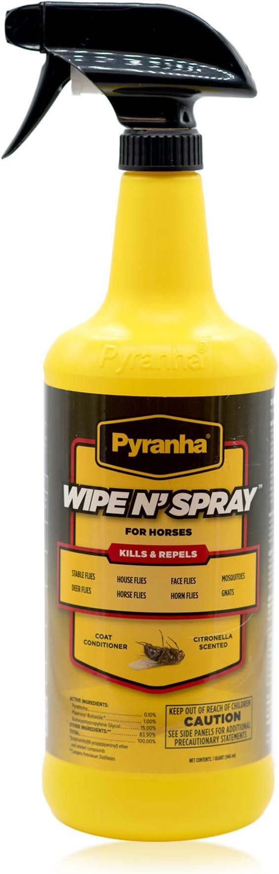 PYRANHA Wipe N' Spray for Horses - Oil-Based Long Lasting Fly Control Repels Horn, Deer, Horse, House, Stable, Face Flies, Ticks, Mites, Mosquitoes, Gnats & Lice, 1 Quart