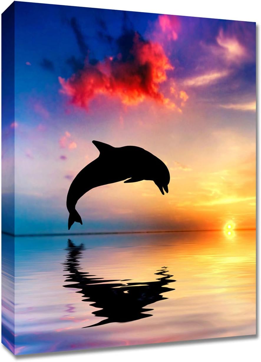 Canvas Wall Art Dolphin Painting - 12x16 inches Sunset Blue and Yellow Ocean Seascape Wall Decor for Home Beach Theme Canvas Painting Ready to Hang with Framed and Hooks Wall Pictures for Living Room