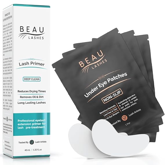 100 Pairs Under Eye Pads + Primer for Eyelash Extensions | Lint Free Hydrogel Eye Patches with Vitamin C & Moisturizing Aloe Vera | Primer Cleanses Lashes and Removes Makeup Residue & Mascara Oil