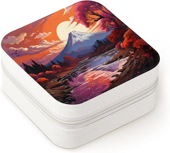 QsirBC Watercolour Mountain Peaks Leaves Portable Travel Jewelry Box PU Leather Small Organizer with Mirror Storage Case for Rings Earrings Necklaces Bracelets endants