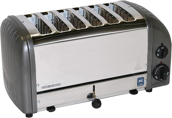 Cadco CTW-6M Stainless Steel Buffet Toaster, 17" Wide, 6 Slot, Metallic Grey Aluminum End Panels, Commercial Pop-Up Toaster for Restaurant, Hotel, Food Truck, 220V, 2480W, NSF Certified