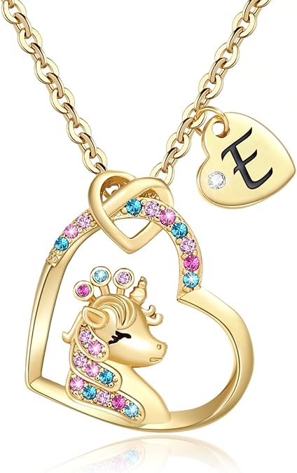 Chunyee Unicorn Gifts for Girls, Colorful CZ Heart Unicorn Necklaces Initial Necklace Birthday Christmas Gift for Girls Teens