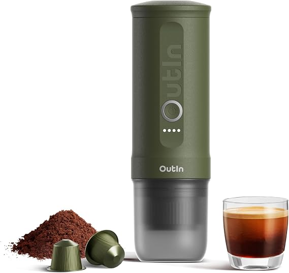 OutIn Nano Portable Electric Espresso Machine, Travel Coffee Maker | Self-Heating USB-C Car Coffee Maker for Ground Coffee & NS Capsules, Ideal for Camping, RV, Hiking and Office, Forest Green