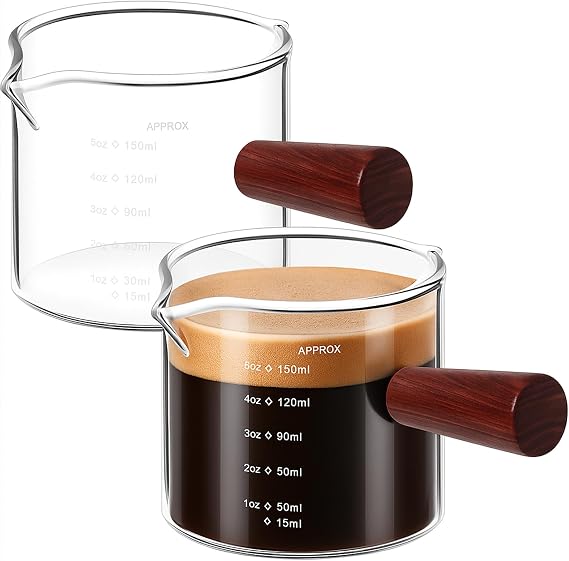 2 Pack Espresso Cups 5oz, Expresso Shots Cup, Double Spouts Cups, Shot Glasses with Wood Handle Measuring Triple Pitcher Milk Cup Clear Measuring Coffee Shot Glass for Barista Coffee Measure