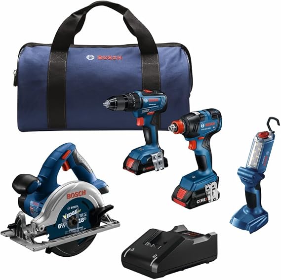 BOSCH GXL18V-497B23 18V Power Tool Combo Kit - 4 Tool Cordless Set with 1/2 In. Hammer Drill/Driver, Two-in-One Impact Driver/Wrench, Circular Saw, Worklight, Batteries & Charger | Hammer drill, Impact driver, Circular saw, Worklight, Batteries, Charger