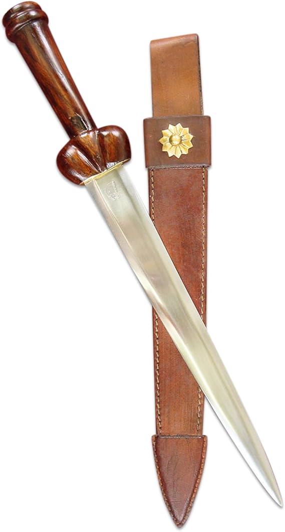 Ancient Greek Style Dagger| Made with EN45 High Carbon Steel | Wooden Grip with Brown Leather Sheath| Weighs 7.2 oz| Durable, Non- Slippery & Unsharpend Edge