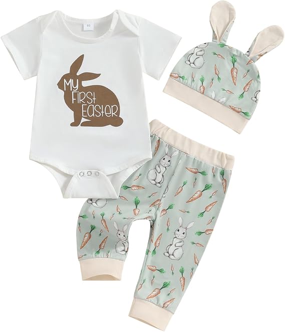 Baby Boy St Patricks Day and Easter Romper + Pants + Hat 3Pcs