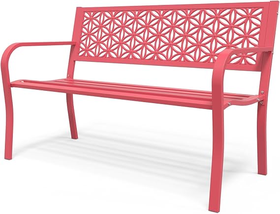 VINGLI 50" Outdoor Bench Metal with Floral Back, Garden Bench Front Porch Bench for Yard Patio Entryway Park Outside, 800lb Capacity - Pink