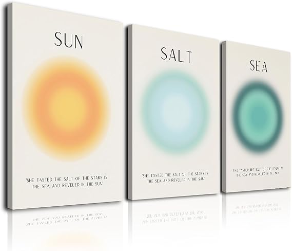 Framed Set of 3 Aura Beach Wall Art Sun Salt Sea Aura Aesthetic Wall Decor Living Room,Trendy Abstract Coastal Wall Art Decor,Minimalist Beachy Art Pritns Modern Wall Decor Bedroom Bathroom Decoration,12x16inch
