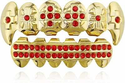 18K Gold Plated Hip Hop Grillz CZ Top and Bottom Grills for Your Teeth with Red Diamond