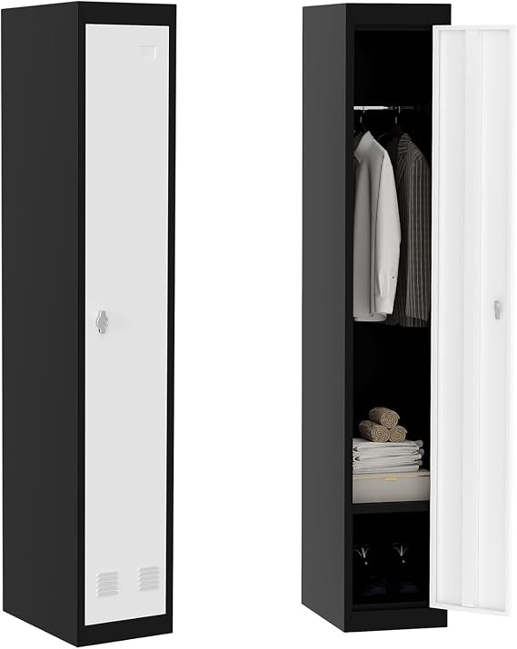 Metal Locker - 71h Locker Cabinet,Single Door Lockers for Employees, with Adjustable Shelves, Lockable, Grey Black | Heavy Duty for Home, Office, Garage, Gym & School | Easy Assembly