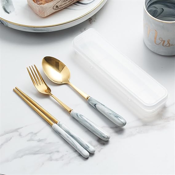 Cute Silverware Set, Marbling Ceramic Handle Dinnerware Set Flatware Kitchen Accessories Camping Travel Sets Fork Spoon Chopstick Portable Cutlery Sets with Case, Black Blue Pink (Color : Bl