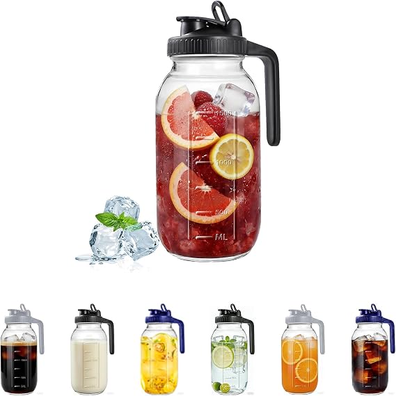 64oz Glass Mason Jar Pitcher with Lid, 2qt Breast Milk Pitcher with Spout