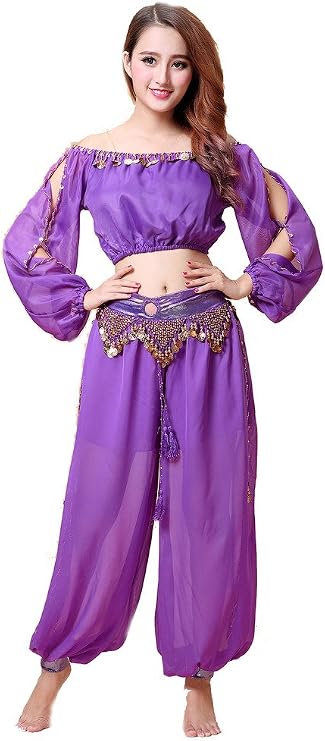 Belly Dance Chiffon Long Sleeves Top and Lantern Coins Pants