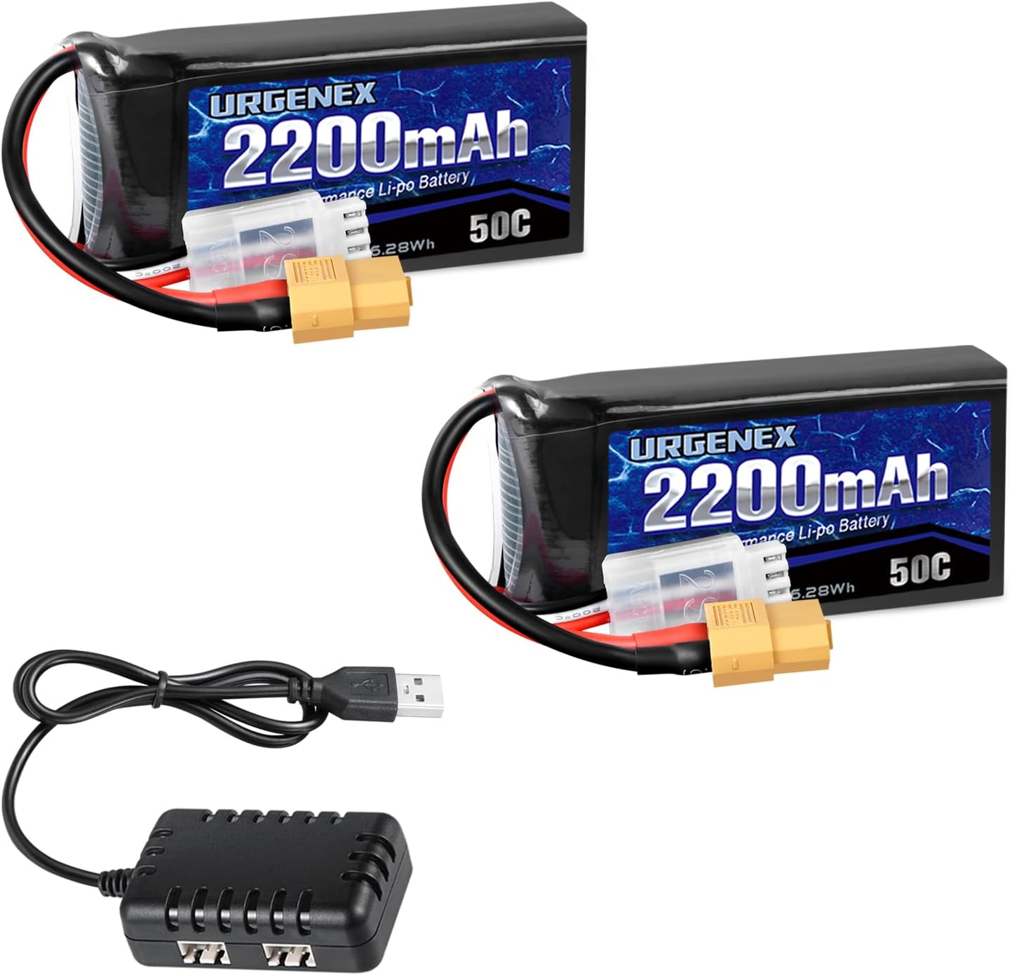 URGENEX 2S Lipo Battery 2200mAh 7.4V RC Battery with XT60 Plug 50CBurst 80C High Discharge Rate Battery with Charger Fit for RC Car Truggy Airplane FPV Drone UAV Quadcopter Helicopter Racing Model
