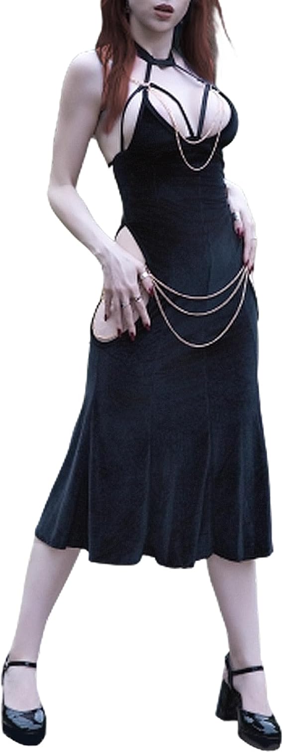 Women Sexy Halter Backless Hollow Out Dress with Detachable Gold Chain for Club, Party & Cosplay