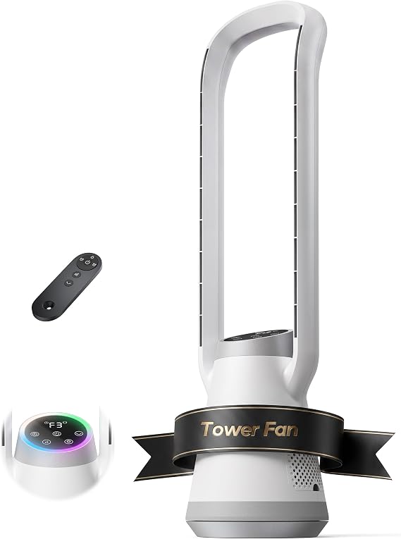 Portable Bladeless Tower Fan, 35.5" Oscillating Fan for Bedroom, 25Ft/s Fan that Blow Cold Air, 12H Timer, 3 Speeds, Remote Control, 180 Max Oscillating, Quiet Fan for Room No Window, White