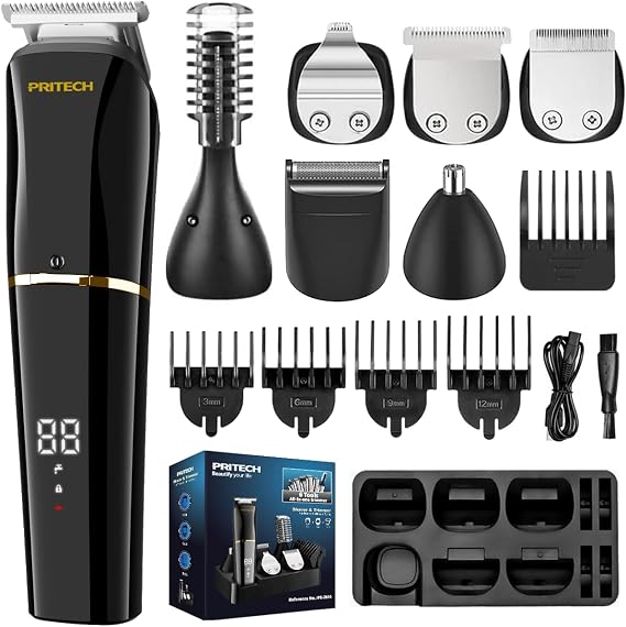 PRITECH Men's Grooming Kit, 6-in-1 Beard Trimmer & Hair Clipper, Cordless
