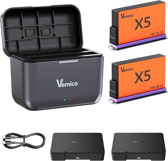 360 X5 Battery Charger Kit for Insta360 X5-2 Packs 2800mAh Replacement Batteries, LED Dual-Slot Type-C Fast Charger Compatible with Insta360 X5 Action Camera