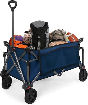 EAGLE PEAK Heavy-Duty Collapsible Folding Utility Wagon, All Terrain Garden Hand Cart with Large Size Pocket and Cup Holders for Sports, Beach, Camping, Garden, and Grocery, Dark Blue