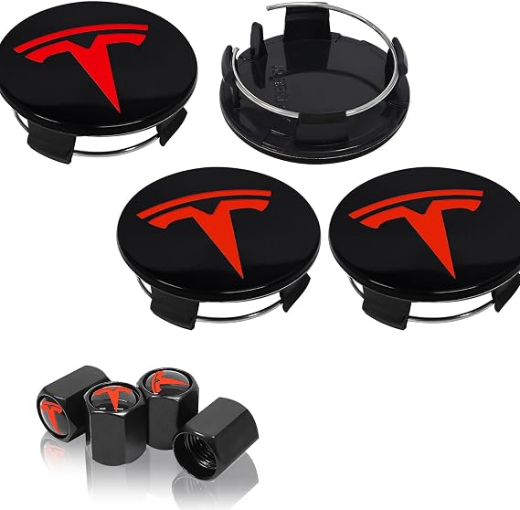4 Pack Wheel Center Cover for Tesla Model 3 & Model Y,56mm Hubcaps Wheel Rim Cover Tesla Center Caps Hubcaps+4 Car Valve Stem Caps (Black Background+Red)
