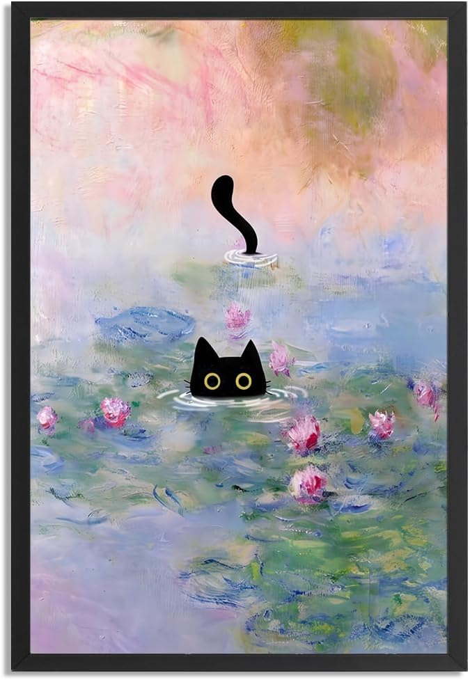 Framed Funny Cat Wall Art Monet Waterlily Cat Poster For Room Aesthetic Decor-Cute Black Cat Pictures Canvas Prints Ready To Hang Bedroom Living Bathroom Wall Decor