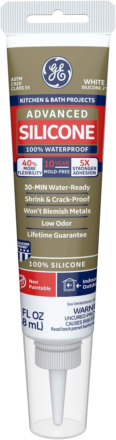 GE Advanced Silicone Kitchen & Bath Sealant White, 2.8 oz, 1, Tube