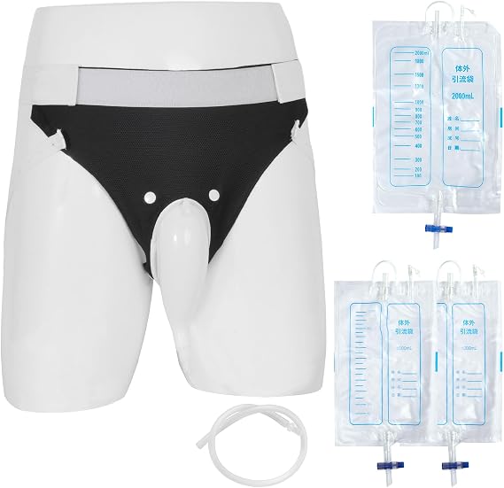 Urine Collection Bag Condom Catheters for Men Reusable Portable Wearable Urinary Drainage with (2000 ML*1+1000 ML*2) Urine Catheter Bag System (Black-Elderly Men)