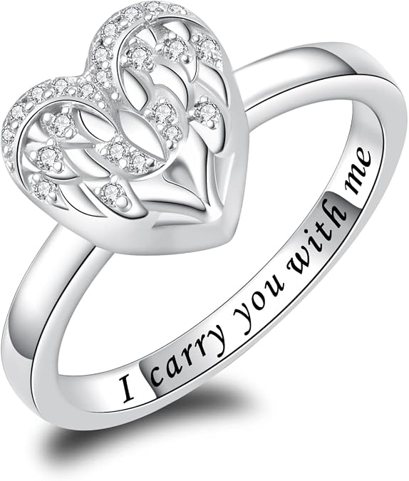 Fookduoduo Sterling Silver Cremation Jewelry Ring for Ashes - Angel Wings Urn Ring for Women Forever in My Heart Urn Rings for Keepsake Memorial Gift