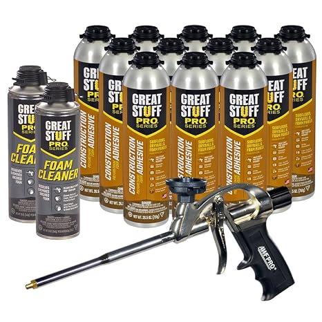 GREAT STUFF PRO Construction Adhesive for Wall & Floor 26.5oz, Polyurethane Foam Adhesive for Subfloors, Drywall & Foam Panels, One Component, Off White, Pack of 12 with Applicator (Standard Gun)