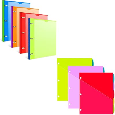 INFUN 0.75 inch Telescoping 3 Ring Binder with Customizable Front Cover- Green, Red, Orange, Blue - 4 PCS  15 PCS 5-Tab Plastic 2 Pockets Binder Dividers