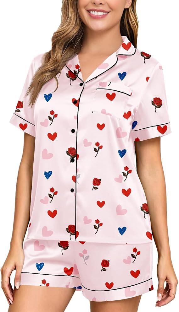 Veseacky Women Satin Pajamas Set 2 Piece Button Down Short Sleeve Soft Sleepwear with Pockets
