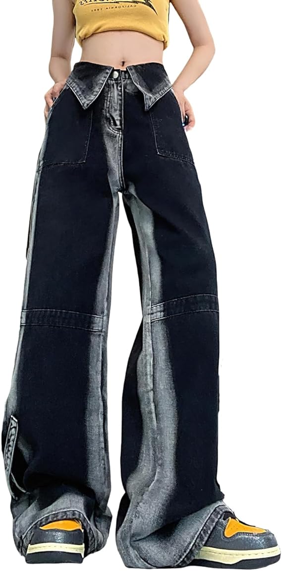 Women Retro Baggy Jeans Y2K High Waist Wide Leg Streetwear Denim Pants