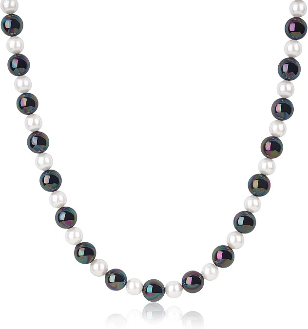 GAVU Black and White Shell Pearl Necklace for Men, Mens Beaded Necklace