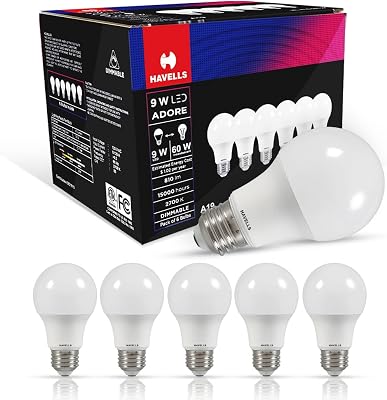 Havells Adore A19 Dimmable LED Bulbs 9W, 60W Equivalent, It Produces 800 lumens of Bright, Energy-Efficient Lighting, E26 Base - Pack of 6 2700K - Warm White