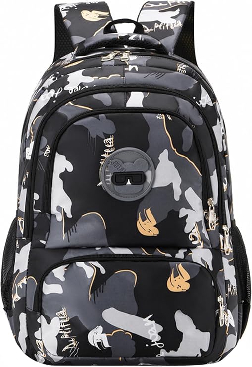 JiaYou Boys Primary School Backpack Large Capacity Trendy Camouflage Elementary Daypack(Black,20 Liters)