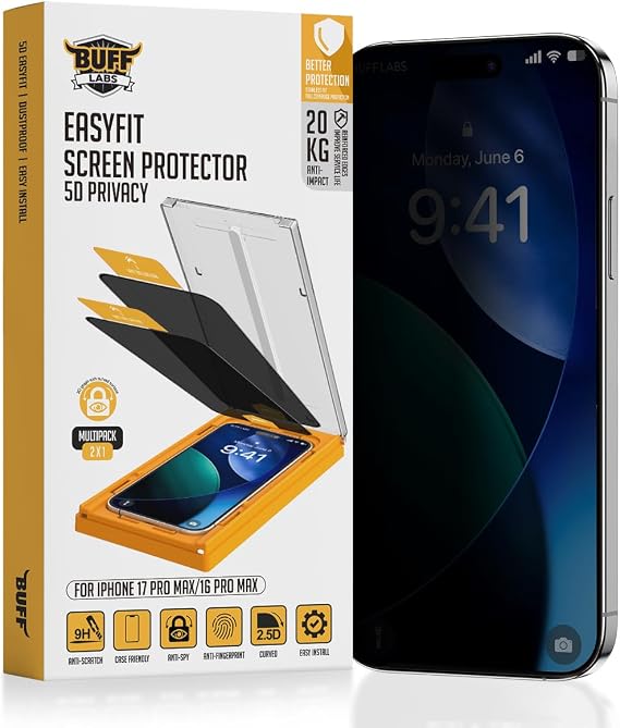BUFF LABS 5D Privacy EasyFit 2 Adet Kolay Uygulama Aparatlı Ekran Koruyucu Temperli Hayalet Ekran Cam (iPhone 17 Pro Max / iPhone16 Pro Max)
