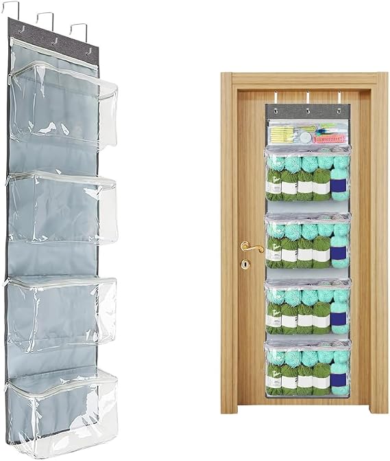 Earssa Hanging Yarn Storage Organizer Knitting Organizer Storage with 5 Zipper Pockets and Over Door Hook Crochet Yarn Holder for Crochet Lovers Knitting Needles Crochet Hooks Yarn Storage