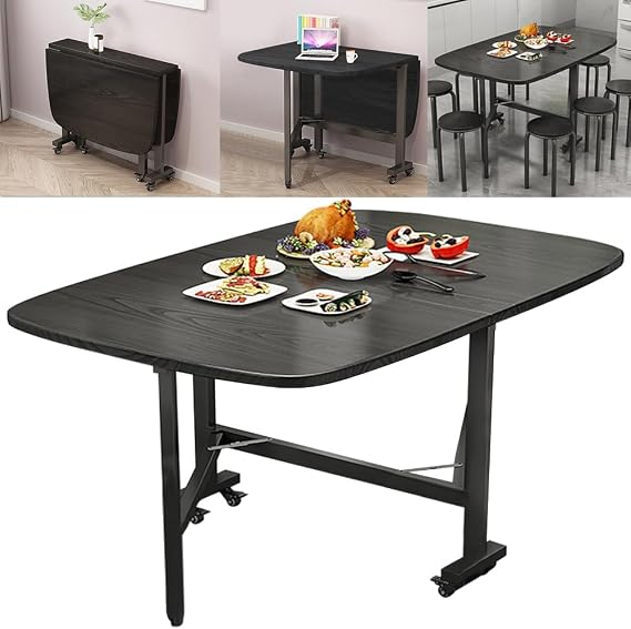 Multifunction Table Drop Leaf Dining Table - 47" Wooden Foldable Kitchen Table with 6 Wheels (Black)
