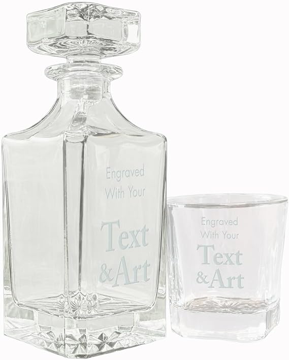 Personalized Glass Decanter Set with 4 Rock Glasses, Engraved with Custom Text and Logo