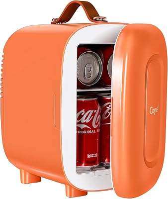 CAYNEL Mini Fridge Portable Thermoelectric 4L6 Can ACDC Cooler and Warmer for Skincare,Food,Beverage,Beauty & Makeup small Feidge for Bedroom,Car and Office Orange