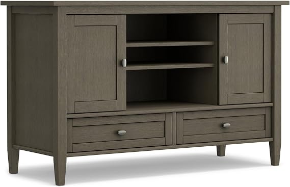 SIMPLIHOME Ela Solid Wood Wide Transitional TV Media Stand in Smoky Brown for TVs for The Living Room and Entertainment Center