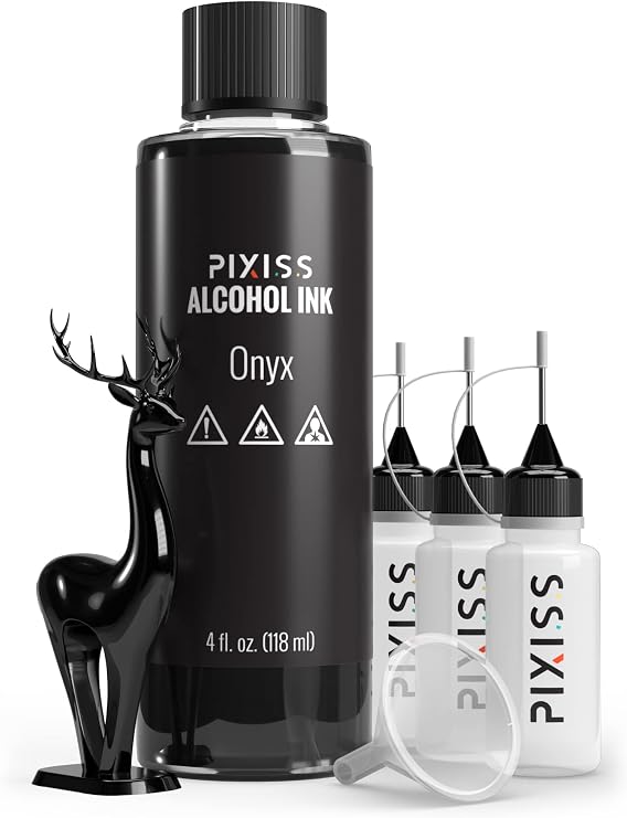 Black Alcohol Ink Extra Large 4oz - Alcohol Ink Onyx Black Color for Epoxy Resin, Tumblers, Resin Art, Ink Paper, Black Pigment Ink, 3 Pixiss Needle Tip Applicator Bottles and Funnel